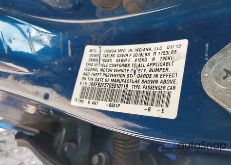 2013 Honda Civic Lx z USA, uszkodzony, nr VIN 19XFB2F57DE010119